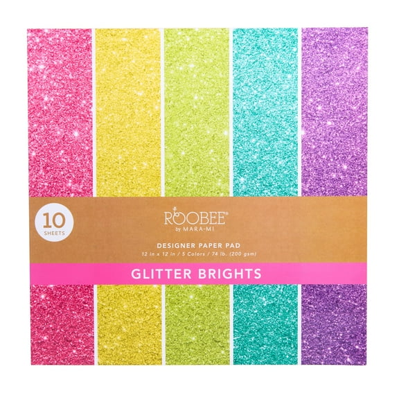 Roobee by Mara-Mi Bright Glitter Multicolor Cardstock 12" x 12", 210GSM, 10 Count New