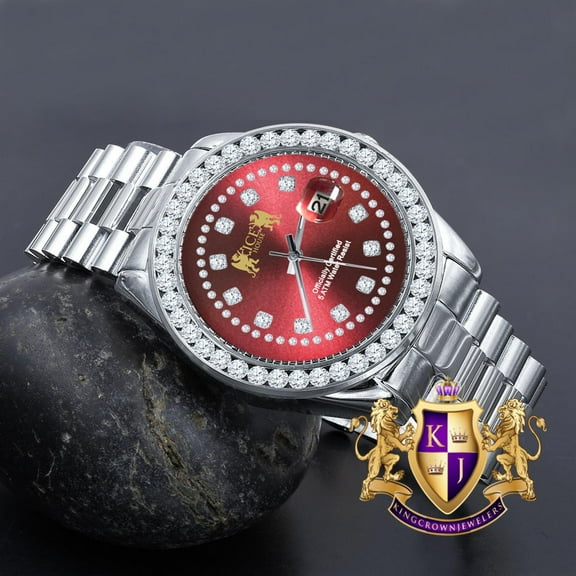 Ruby Red Dial Full Solid stainless Steel Solitaire 18K Yellow Gold Finish Simulated Diamond 41mm Mens Watch
