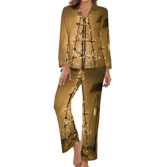 PoBuds Women's Long Sleeve Flannel Pajama Set Sleepwear Christmas Tree Light S