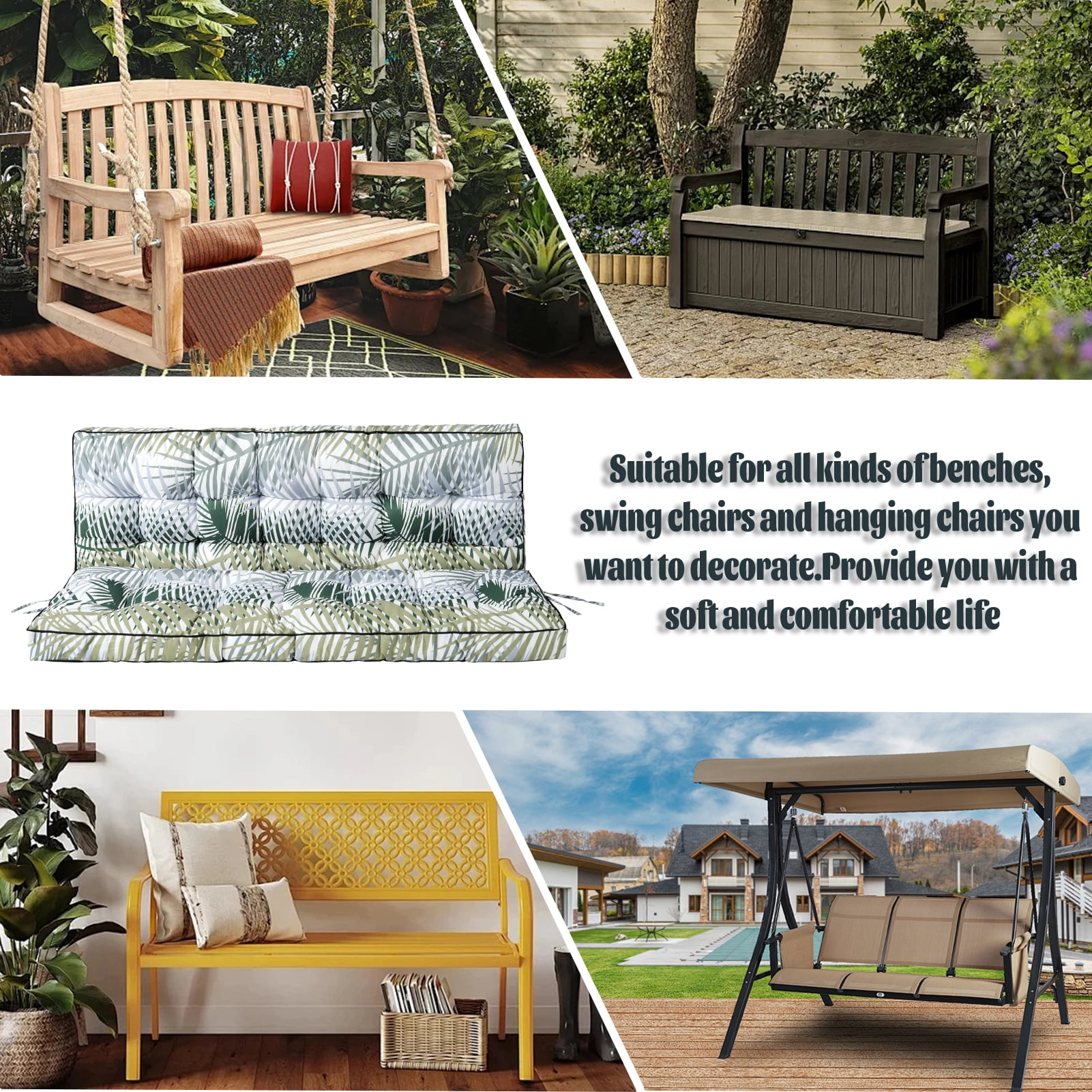 Replacement Cushions for Outdoor Swing, Swing Replacement Cushions Thicken 4" with Backrest, Waterproof Bench Cushions for Patio Furniture Porch Swing Cushions (Bamboo Leaves)