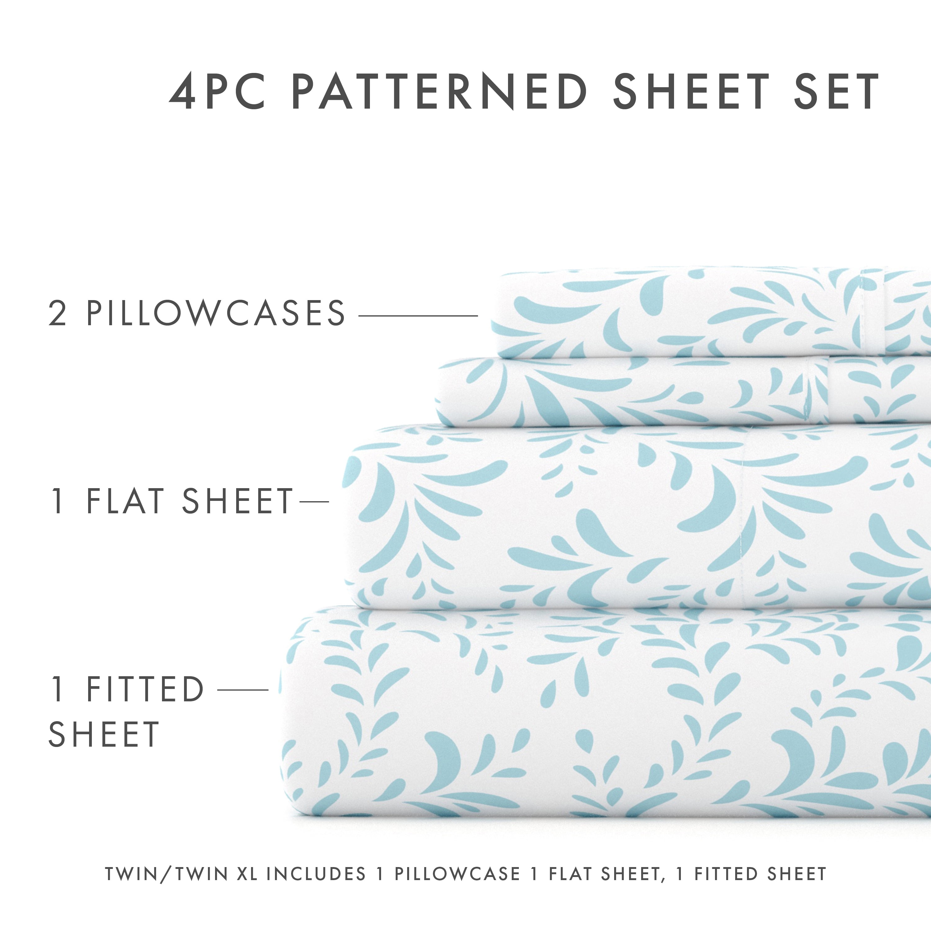 Noble Linens 4 Piece Pattern Microfiber Bed Sheets Set, Light Blue Ultra Burst of Vines, Queen