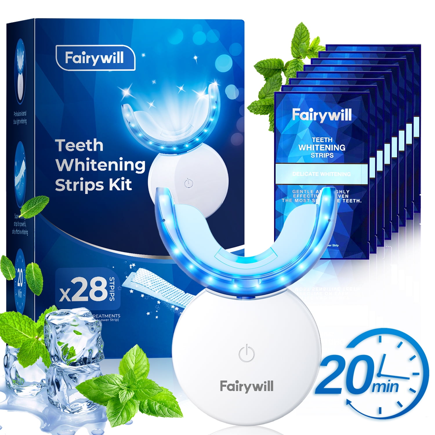 Fairywill LED Teeth Whitening Strips Kit for Sensitive Teeth - 28 White Strips + 24 Blue Light Accelerator, 20Min Rapid White At-Home Dental Care for Smoking & Coffee Stains