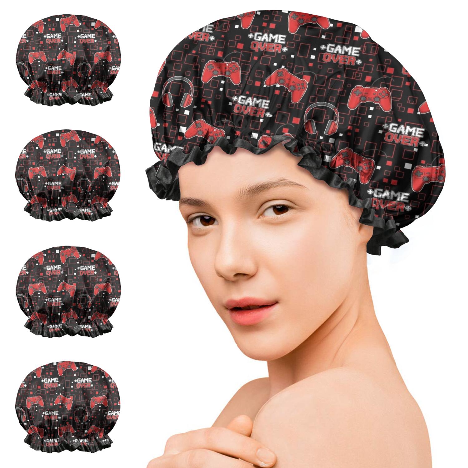 Shower Caps,Red Controllers Games Icons Black Pattern Waterproof Shower Cap for Women 4 Pieces,Double Reusable Hair Cover for Shower PEVA Elastic Stretch Hem