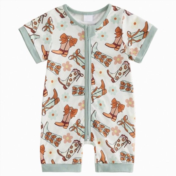 larppty Baby Boy Western Clothes Cowboy Outfit Summer Newborn Horse Print Short Sleeve Romper Infant Country Zipper Jumpsuit
