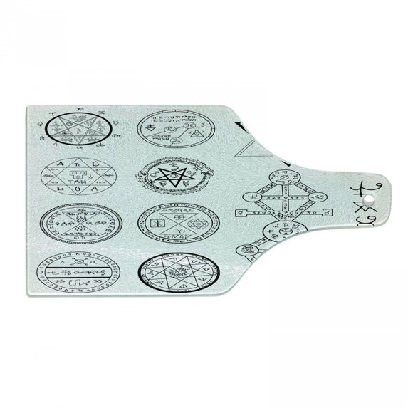 Occult Cutting Board, Design Circular Pentagram Hidden Knowledge of Cosmos Themed Print, Decorative Tempered Glass Cutting and Serving Board, Wine Bottle Shape, White and Black, by Ambesonne