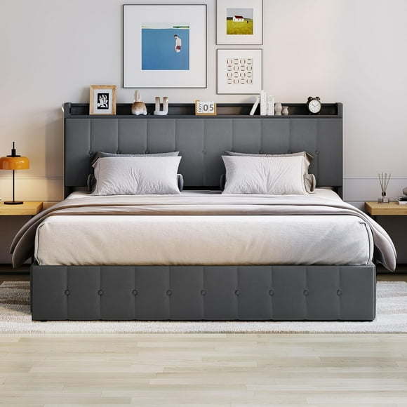Queen Bed Frame with Lift Up Storage, Upholstered Velvet Bed with Storage Headboard, Metal Platform Bed, Hydraulic Support, No Box Spring Needed, Grey
