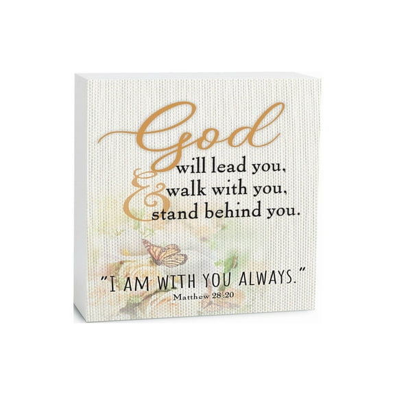 I Am With You Always White Woven Floral 5 x 5 Wood Tabletop Sign Plaque