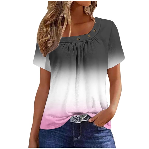 XYAIYT Women's Summer Tops Gradient Color Square Neck Blouses Loose Casual Pleated Short Sleeve T-shirt