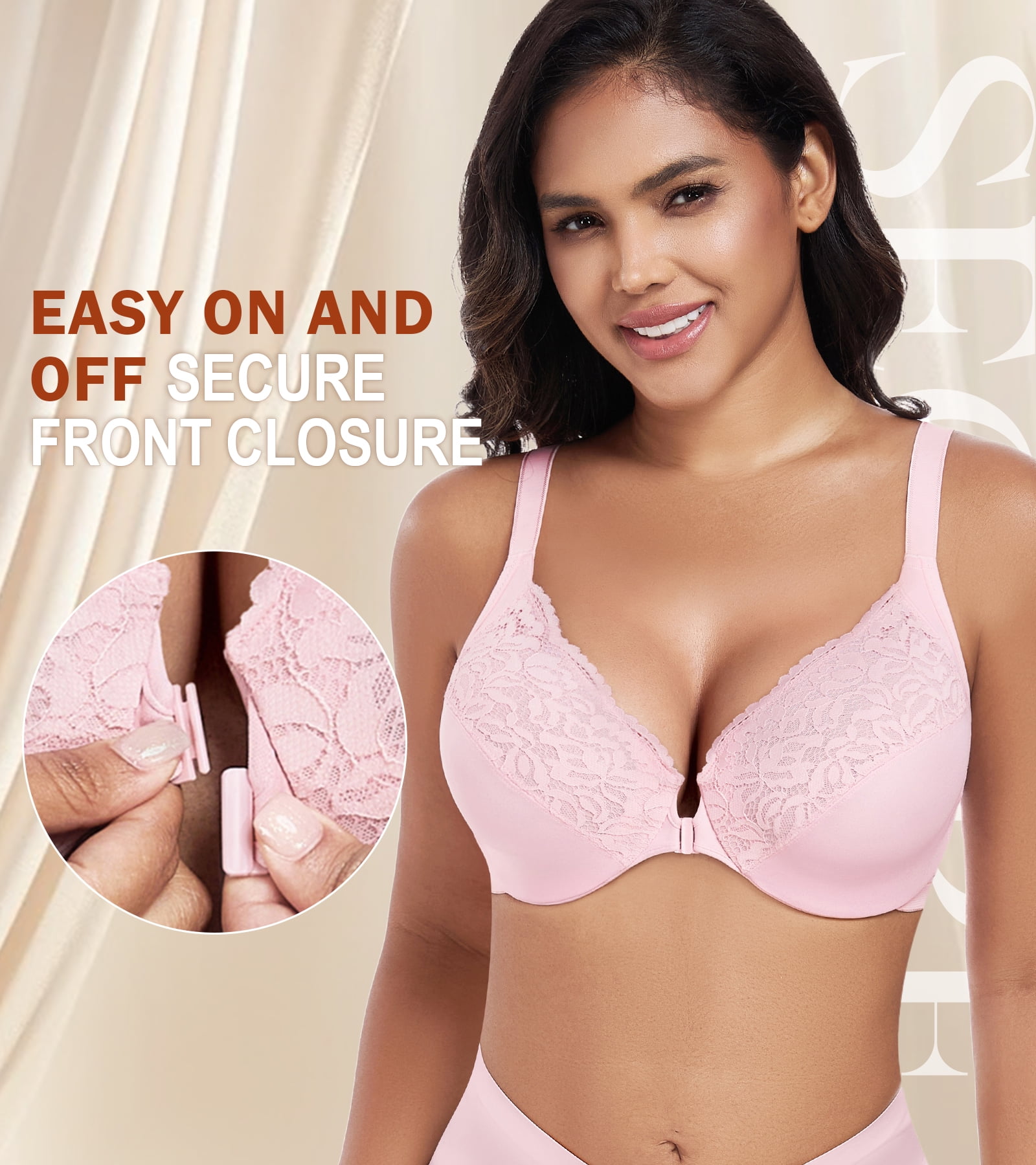 Exerin Women's Front Closure Non Padded Underwire Plus Size Posture Back Support Bra(34DDD,Pink)