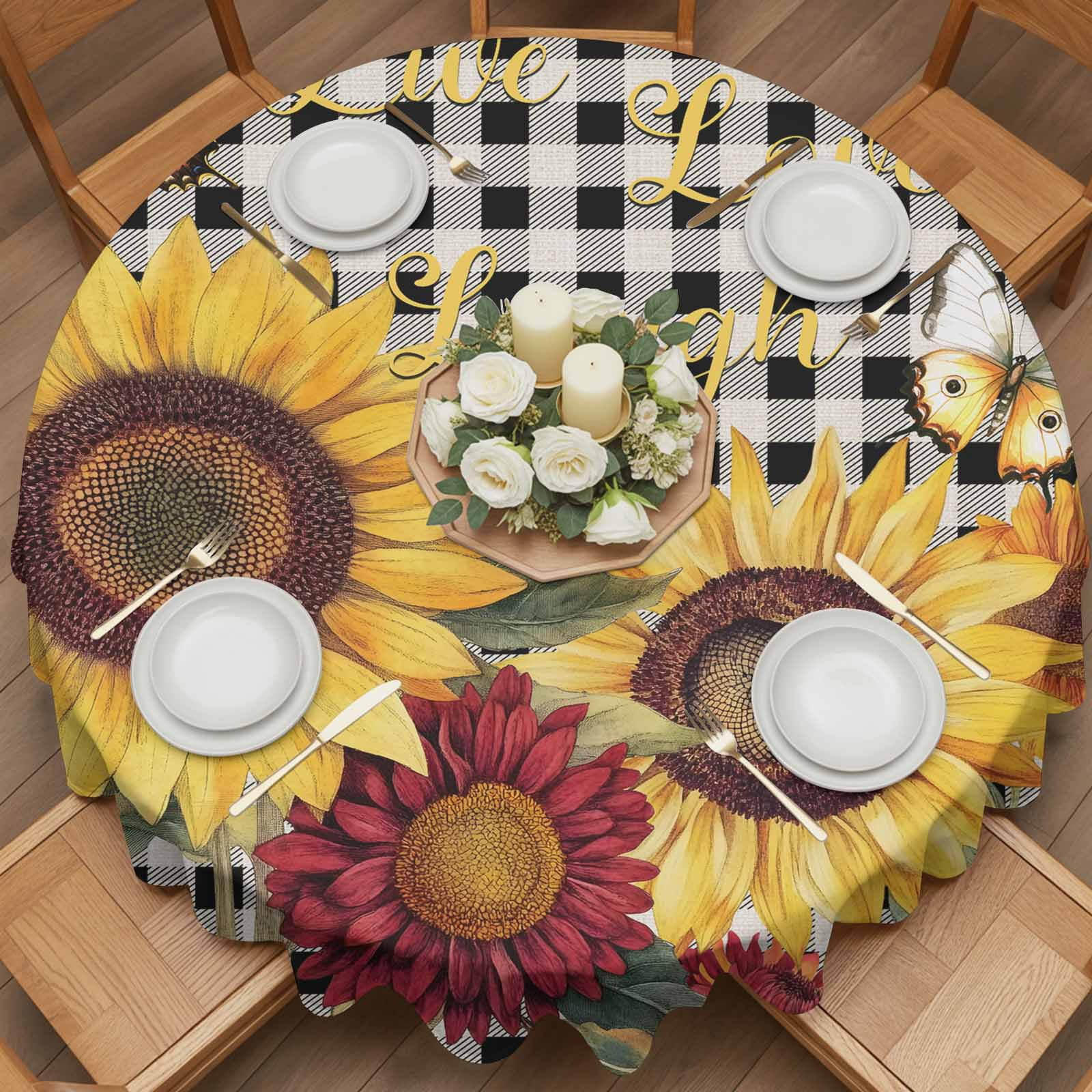 Round Tablecloth Butterfly Sunflower Waterproof Oil Proof Polyester Table Cloth Cover Decor for Home Dining Outdoor,Patio,Parties, 54" Dia. Live Love Laugh Black Plaid