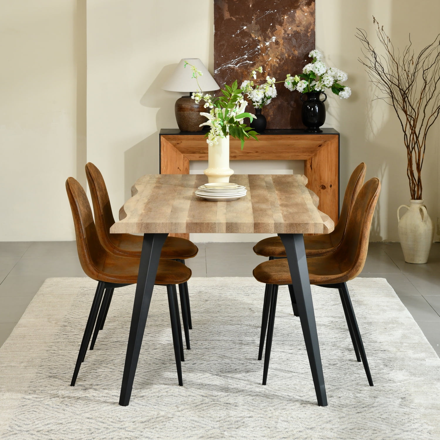 Homy Casa Modern Industrial 5-Piece Dining Set for 4, Faux Wooden Walnut Live Edge Table with 4 Armless Chairs, Brown Fuax Suede
