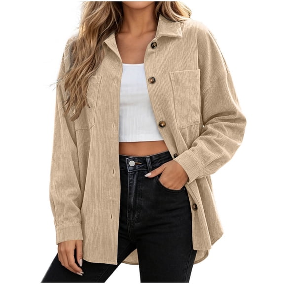 Sevevn Women's Button Down Corduroy Shacket Lapel Collar Oversized Long Sleeve Jacket with Patch Pockets Comfy Trendy Fall Fashion Casual Outfits for Travel Walking Daily Wear