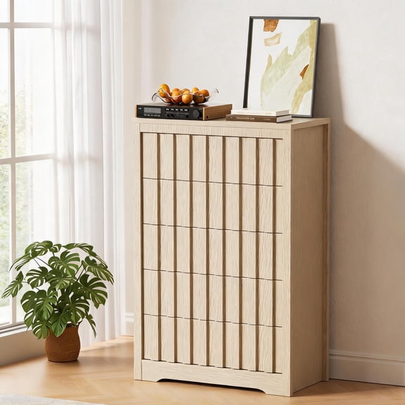 Tall 5 Drawer Engineered Wood Dresser With Fluted Handleless Drawer Panels For Household Storage