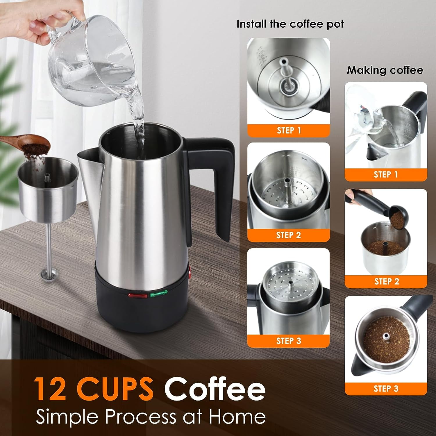 Electric Coffee Percolator 12 CUPS Percolator Coffee Pot,800W Percolator Coffee Maker Stainless Steel with Clear Knob Cool-touch Handle,Coffee Pot Percolator Auto Keep Warm Function