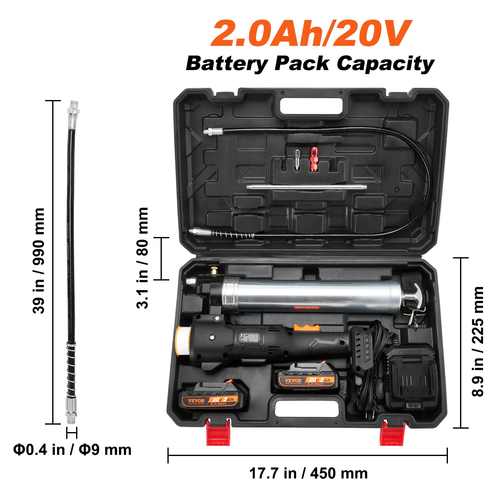 VEVOR Cordless Grease Gun, 20-Volt, 10,000 PSI,39" Long Hose, Electric Grease Gun Kit Professional High Pressure Battery Powered Grease Gun with Carrying Case,Two Batteries & Charger Included,Black