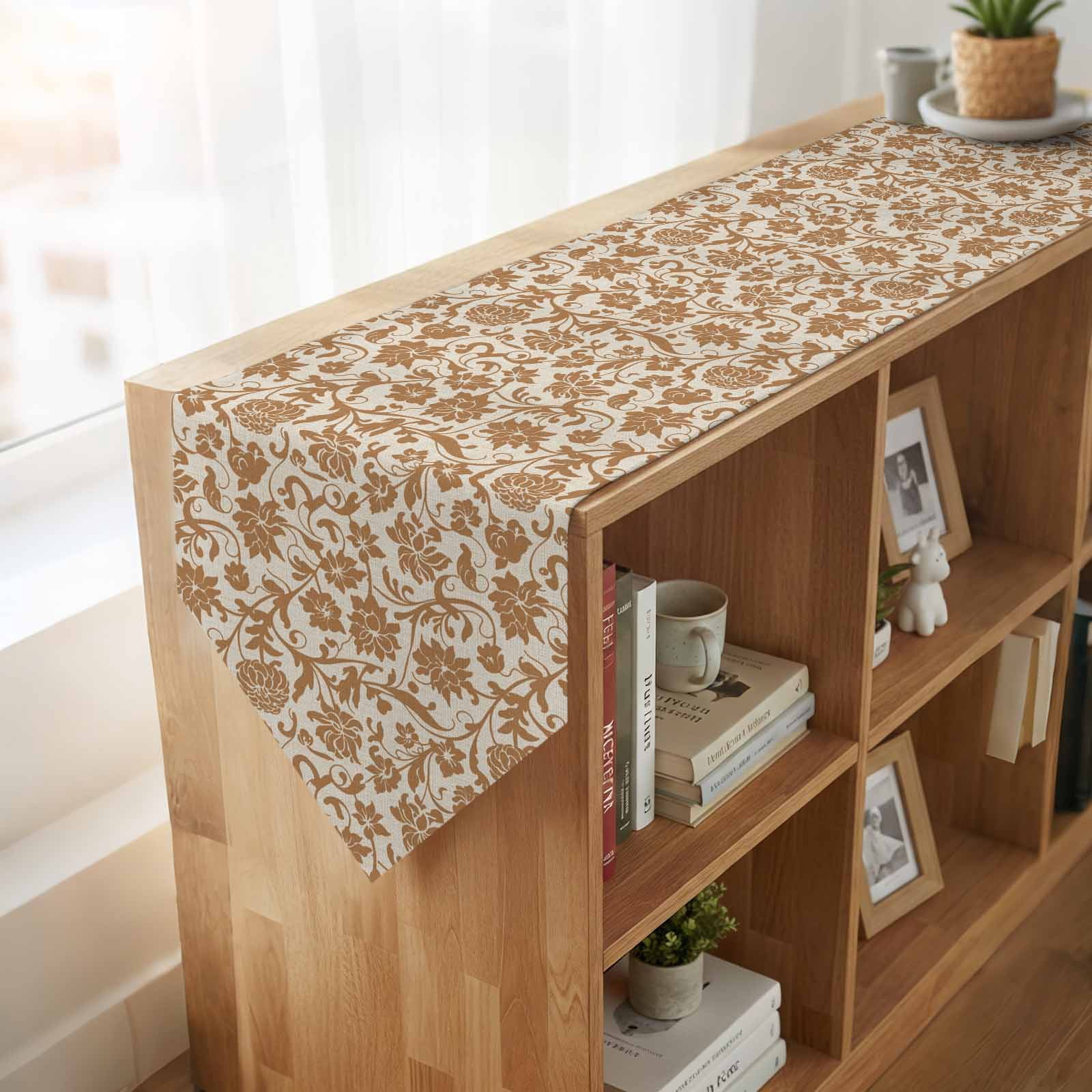 Brown Floral Table Runner Linen Burlap Table Runner 60 Inches Long Vintage Rustic Flowers Botanical Spring Dresser Scarves for Kitchen Island Coffee Dining Party Wedding Banquet Holiday Decor 13"x60"