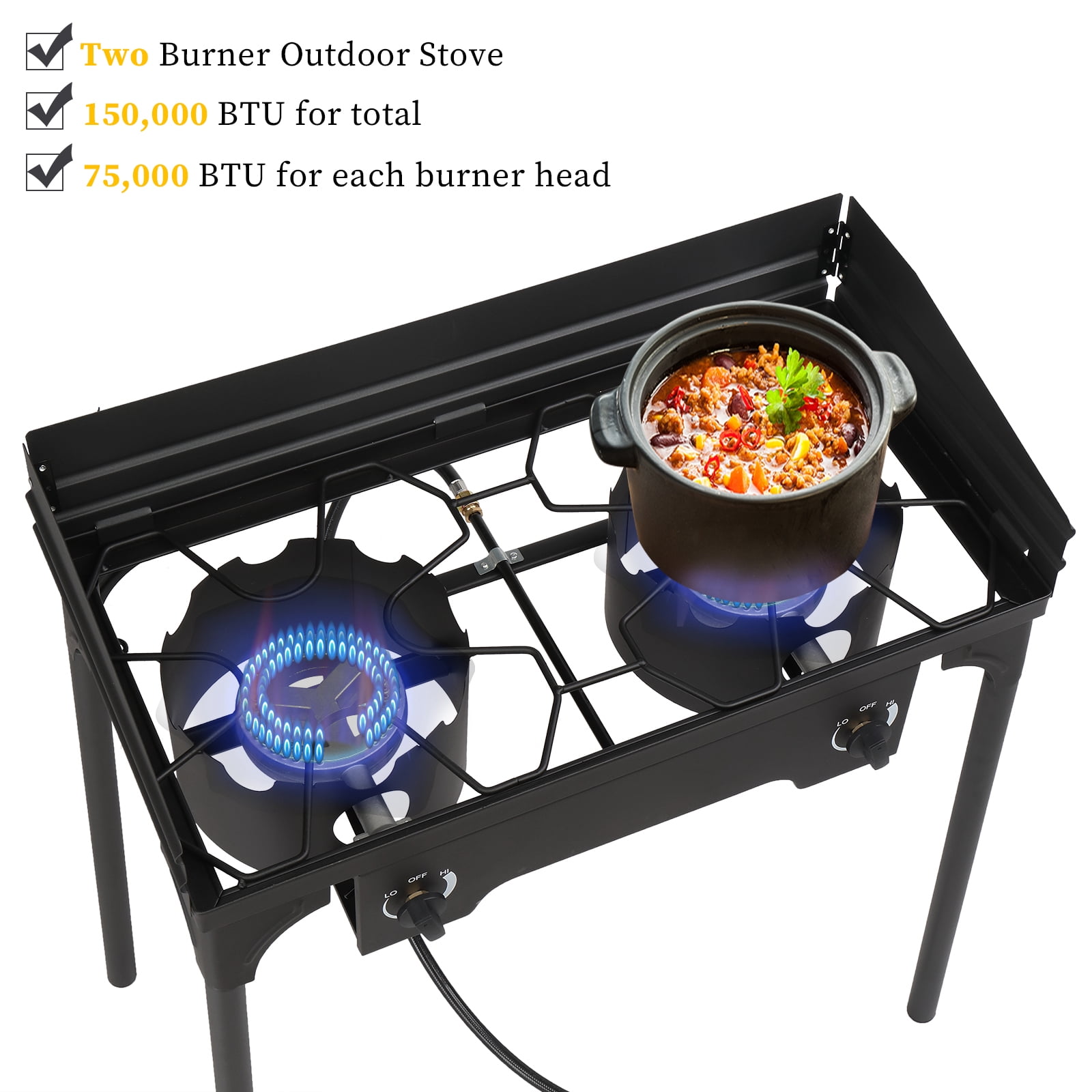 Winado Propane Burner  2 Burner Outdoor Stove Camping Burner w/ Wind Panel,150,000-BTU