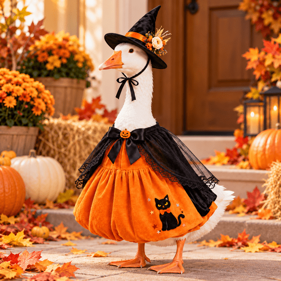 Porch Goose Outfit, Goose Statue Clothes with Pointed Hat and Orange Dress, Decorative Lawn Goose Costume Set for 23 Inch Goose, Fall Porch Yard Garden Outdoor Decor