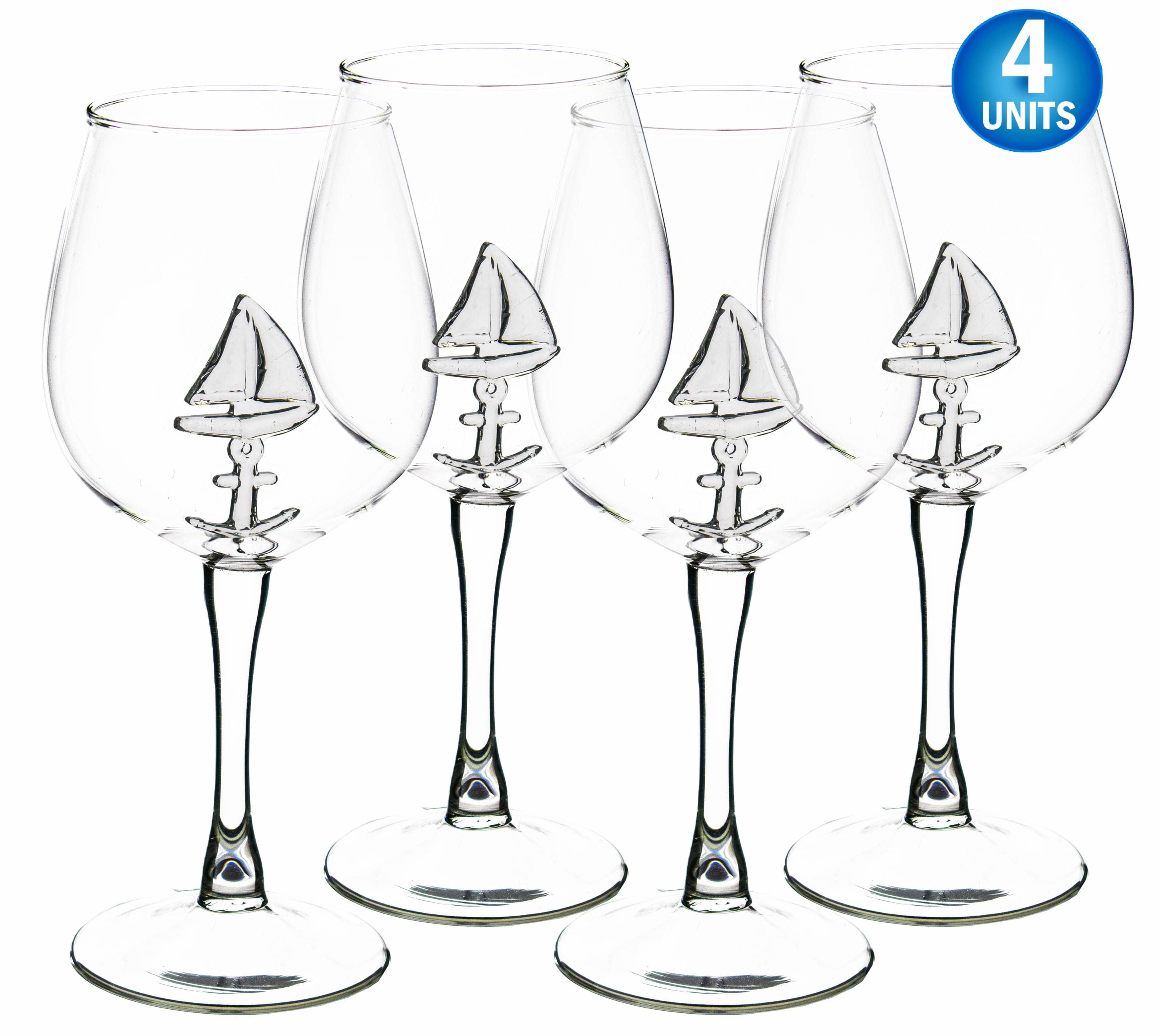 Sail Boat Wine Glass with 3D Sailboat and Nautical Anchor Design 4 PC