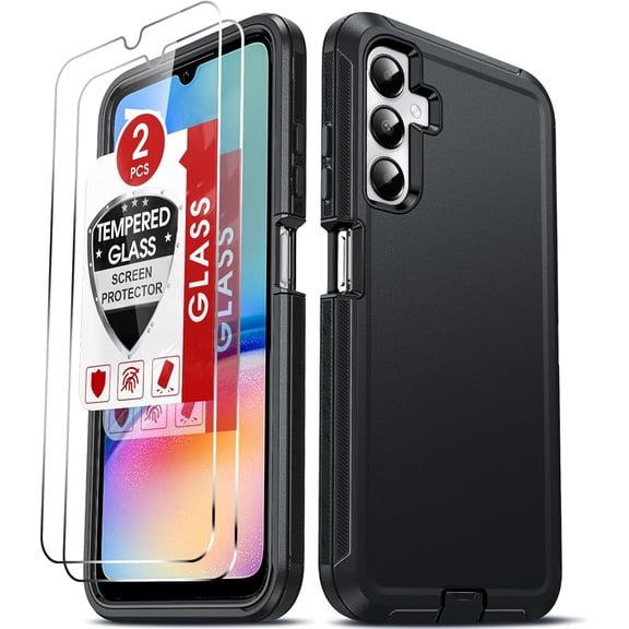 Compatible for Samsung Galaxy A05S Case: Galaxy A05S 4G Case with [2 Pack] Tempered Glass Screen Protector, 3 in 1 Full Body Rugged Shockproof Cell Phone Case for Samsung Ao5S 4G 6.7", Black