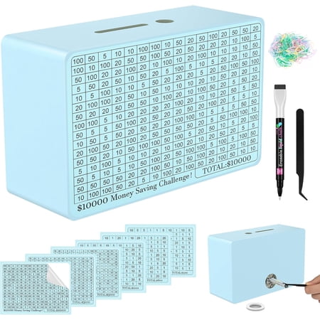 Wooden Money Saving Box, Cash Vault Savings Box for $10000 $5000 $3000 $1000 $800 $500 Target Money Saving Challenge, Reusable Money Box with Counter, Dry Erase Pen/Savings Trackers/Rubber Band-Blue