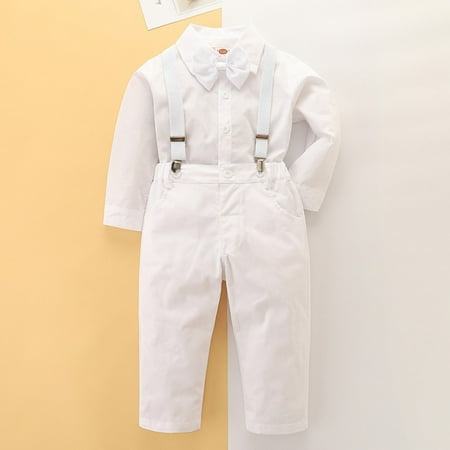 

Geire Toddlers Boys 3PC Set Children s Fashion Solid Color Set Long Sleeve Turndown Collar Shirt + Strap Pants + Bow Tie 3-Piece Set for Formal Occasions
