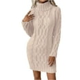 thumbnail image 2 of Women's Sweater Dress Knit Dress Long Sleeve Turtleneck Solid Color Cable Knit Casual Winter Dress for Holiday,Beige,L, 2 of 7