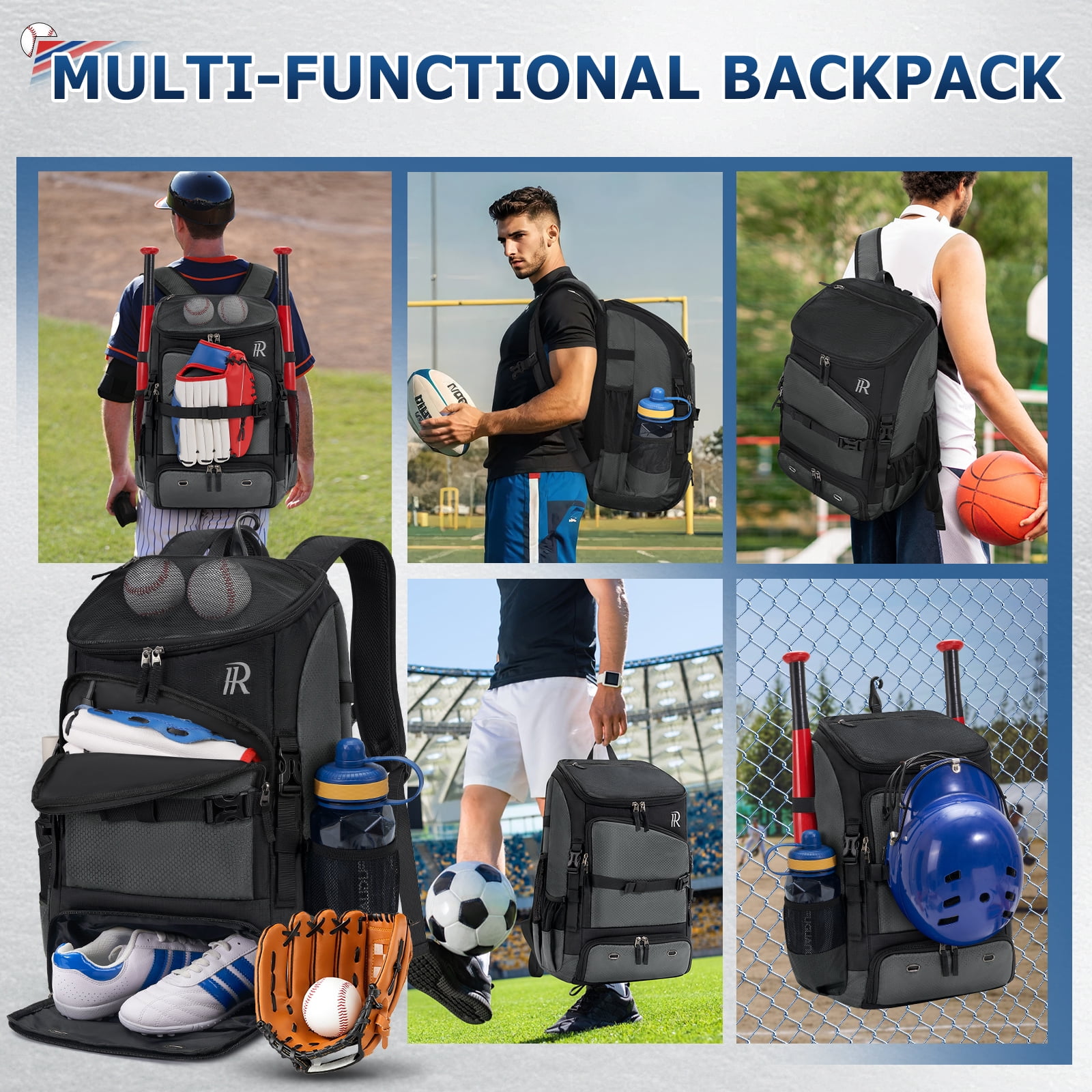 RAINSMORE Baseball Backpack 40L Large Softball Baseball Backapck with Helmet Holder, Shoe Compartment & Fence Hook, Durable Softball Gear Bag,Black/Gray