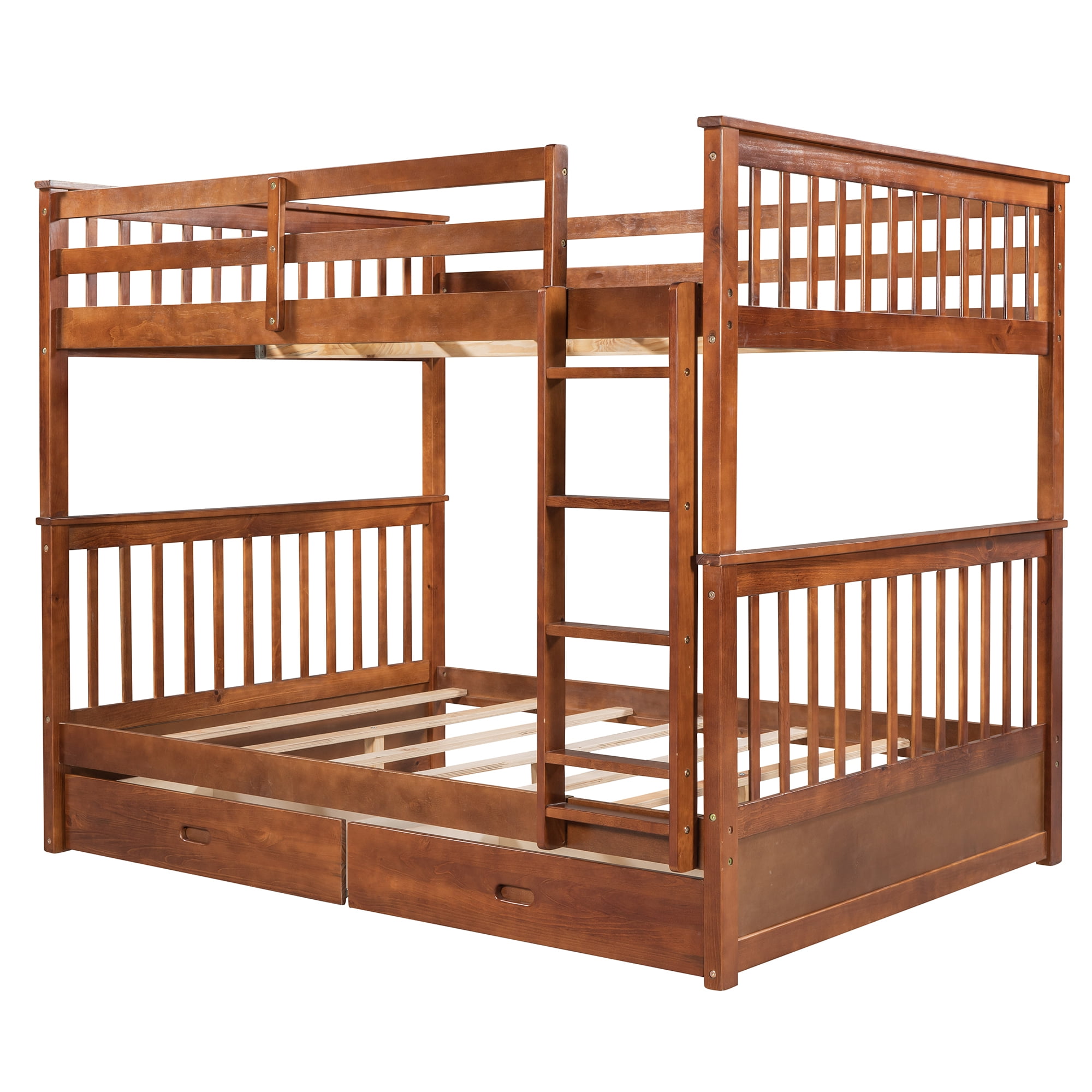 Aukfa Full over Full Bunk Bed with Two Storage Drawers, Wood Convertible Two Bed for Kids Teens - Walnut
