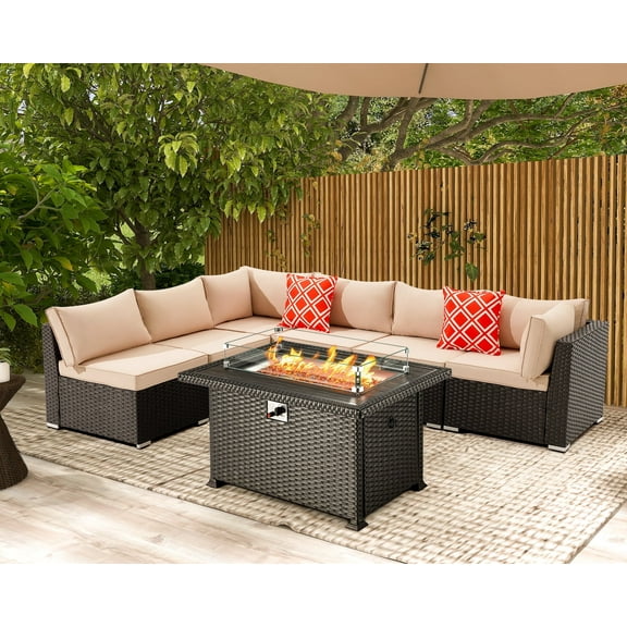 HUGIEE 7 Pieces Patio Furniture Wicker Sofa Outdoor Sectional Sets with 44-Inch 50,000 BTU Gas Fire Pit Table Auto-Ignition Propane Fire Pit Table, Khaki