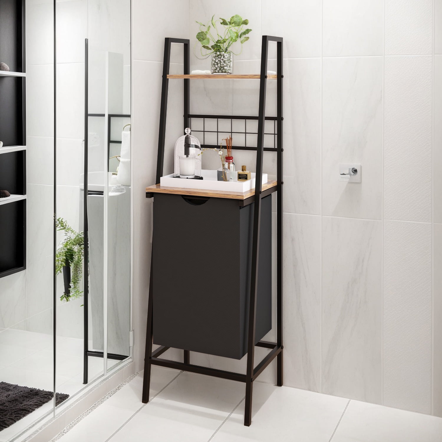 LENLN Black Metal Frame Bathroom Storage Rack with Laundry Hamper & Open Shelves - Space - Saving Multi - Layer Shelf for Bathroom Organization