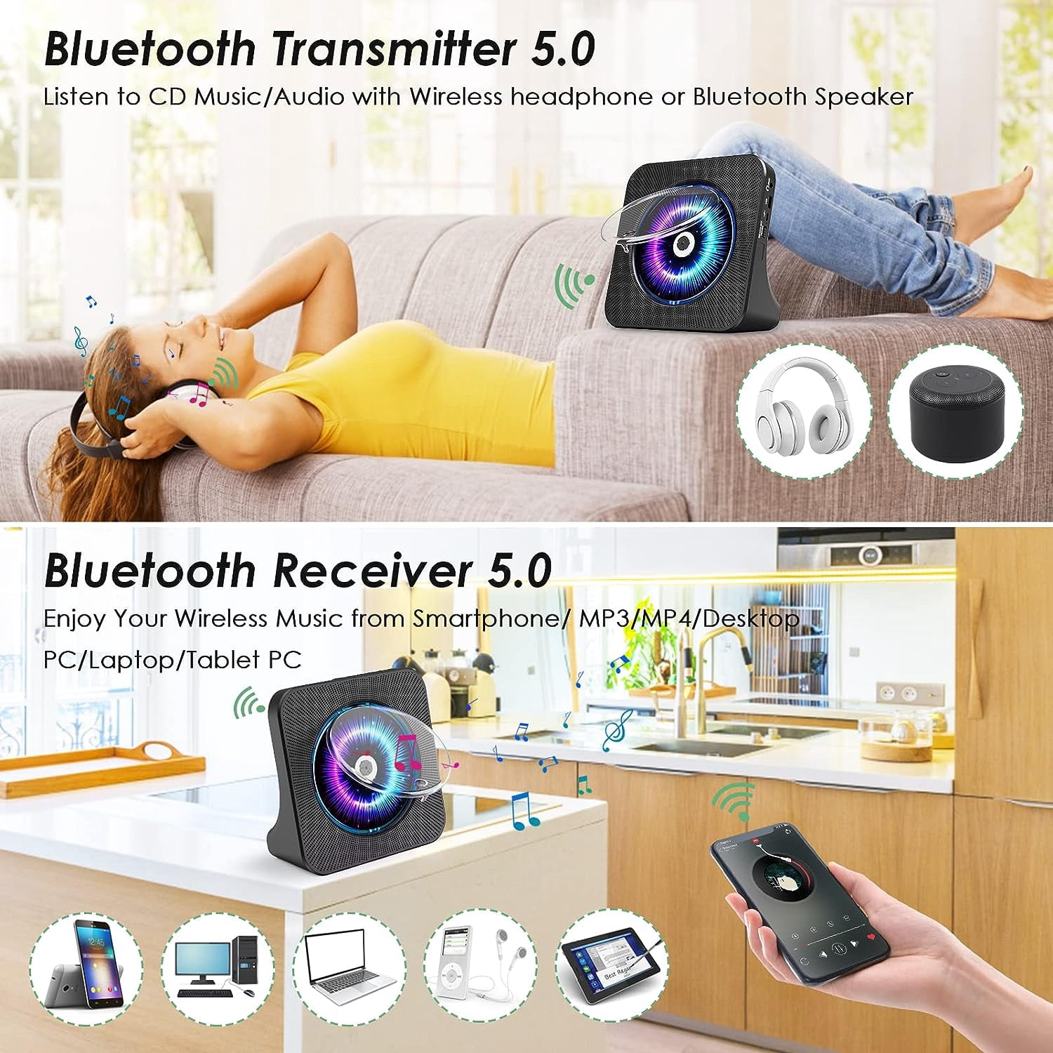 CD Player Portable Bluetooth Desktop 4000mAh Rechargeable CD Player with Remote Control for Home CD Player with Timer HiFi Speakers Dust Cover LCD Screen Display FM Radio-Black