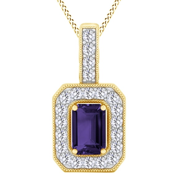 AFFY Emerald Shape Simulated Alexandrite Halo Pendant Necklace In 14K Yellow Gold Over Sterling Silver
