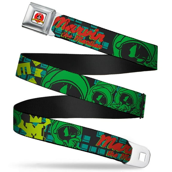 Looney Tunes Belt, Seatbelt Buckle Belt, Marvin the Martian Poses Black Turquoise, 30 to 44 Inches
