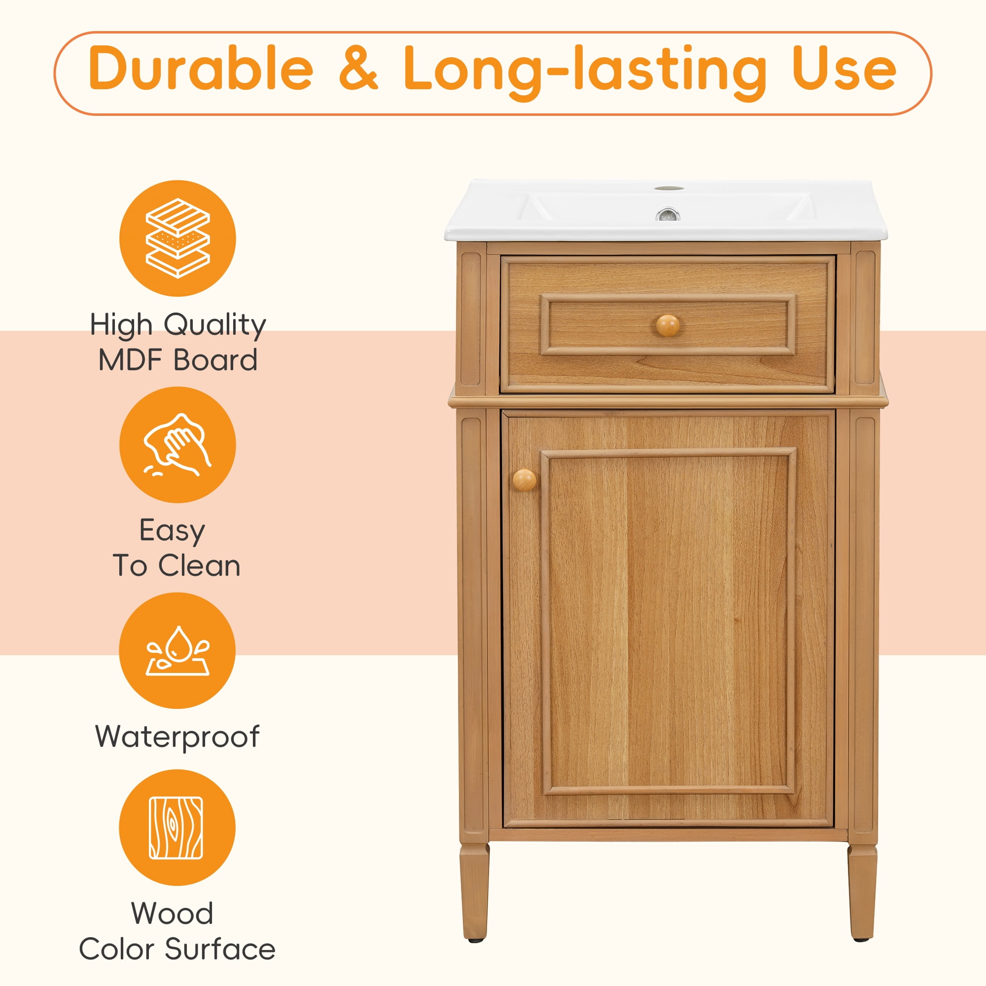 Euroco 20-Inch Wood Bathroom Vanity with Sink, Solid Wood Legs, Adjustable Shelf, Tilt-Out Drawer, Wood Knobs, Modern Freestanding Cabinet for Small Bathroom