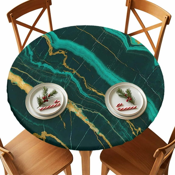 Round Tablecloth Green Abstract Marble Texture Elastic Edge Fitted Gold Lines Cracks Plastic Table Cover,Waterproof Oil Proof for Dinner,Outdoor, Picnic, 45"- 54" DIA Tables