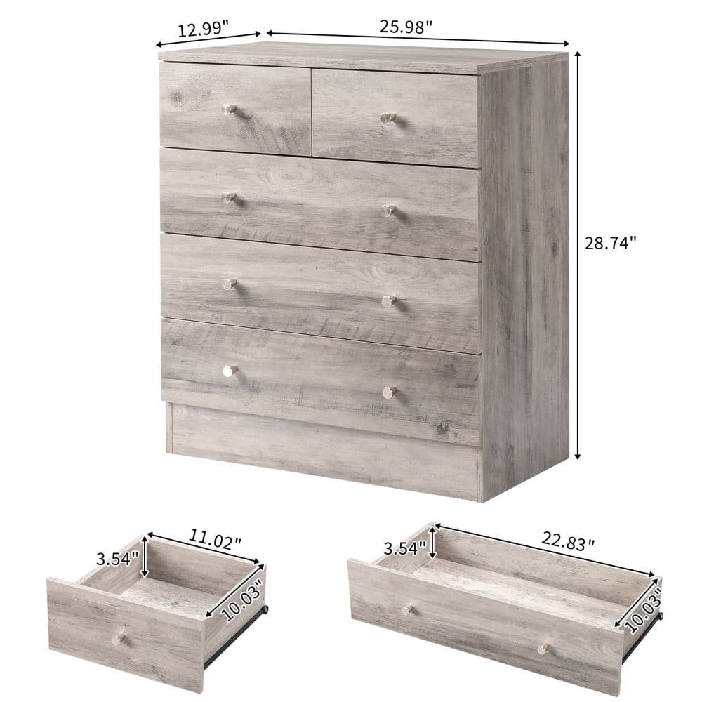 IVV 5 Drawer Dresser for Bedroom, Farmhouse Chest of Drawers, Bedroom Furniture, Clothes Storage and Organizer, 25.98"L x 12.99"W x 28.74"H, Gray