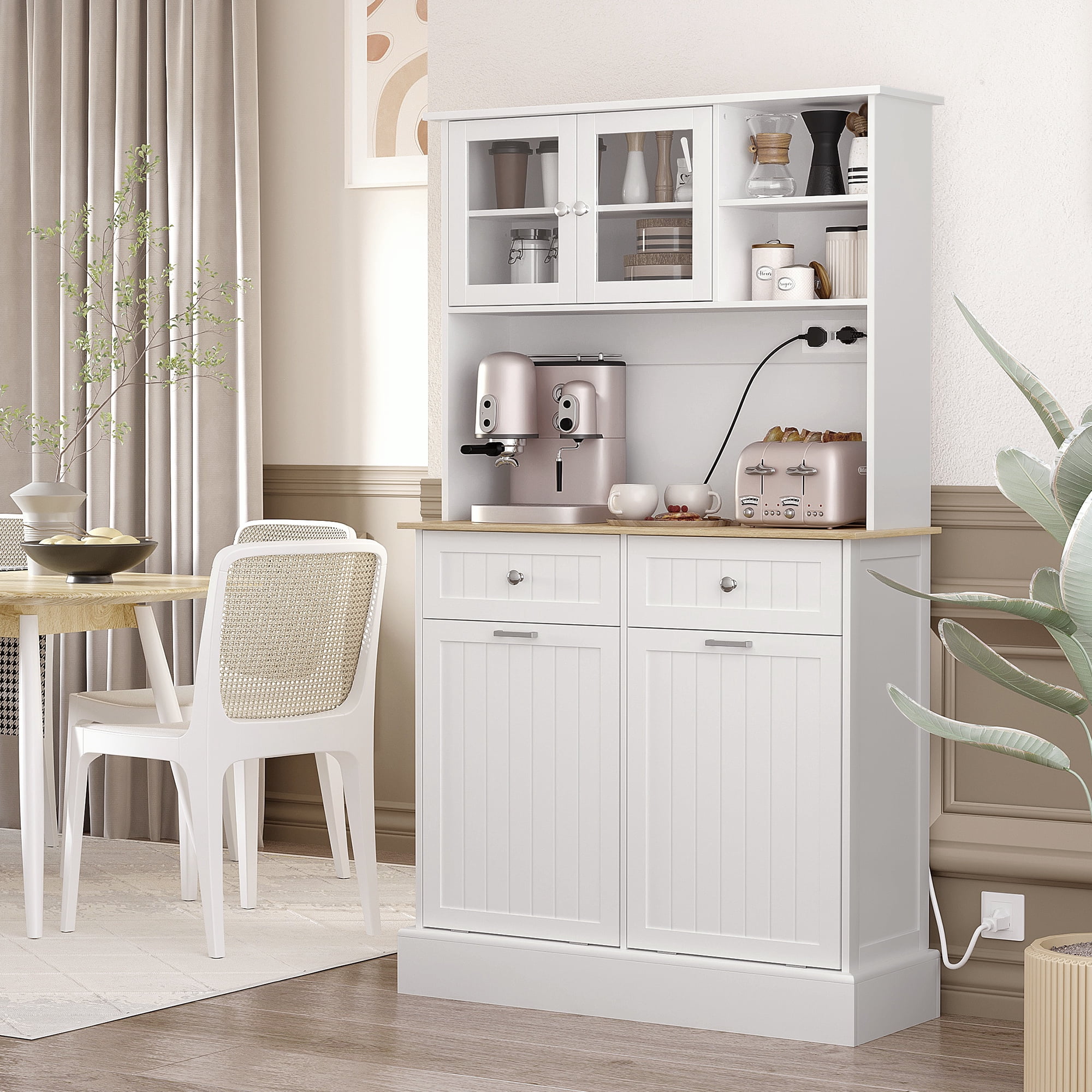 CoSoTower 68" Kitchen Pantry Storage Cabinet with Charging Station, 2 Tilt Out Trash Cabinets and Microwave Stand, Freestanding Kitchen Hutch with Glass Doors and Adjustable Shelf, White