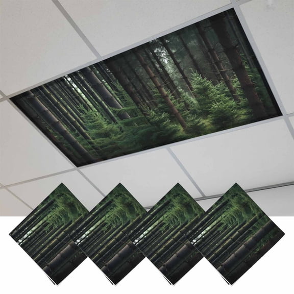 Green Forest Magnetic Fluorescent Light Covers for Ceiling Lights 2x4Ft, Mysterious Primitive Forest Pine Tree Office Classroom Kitchen Drop Ceiling Light Covers Lighting Filters Shade Panel 4 Packs