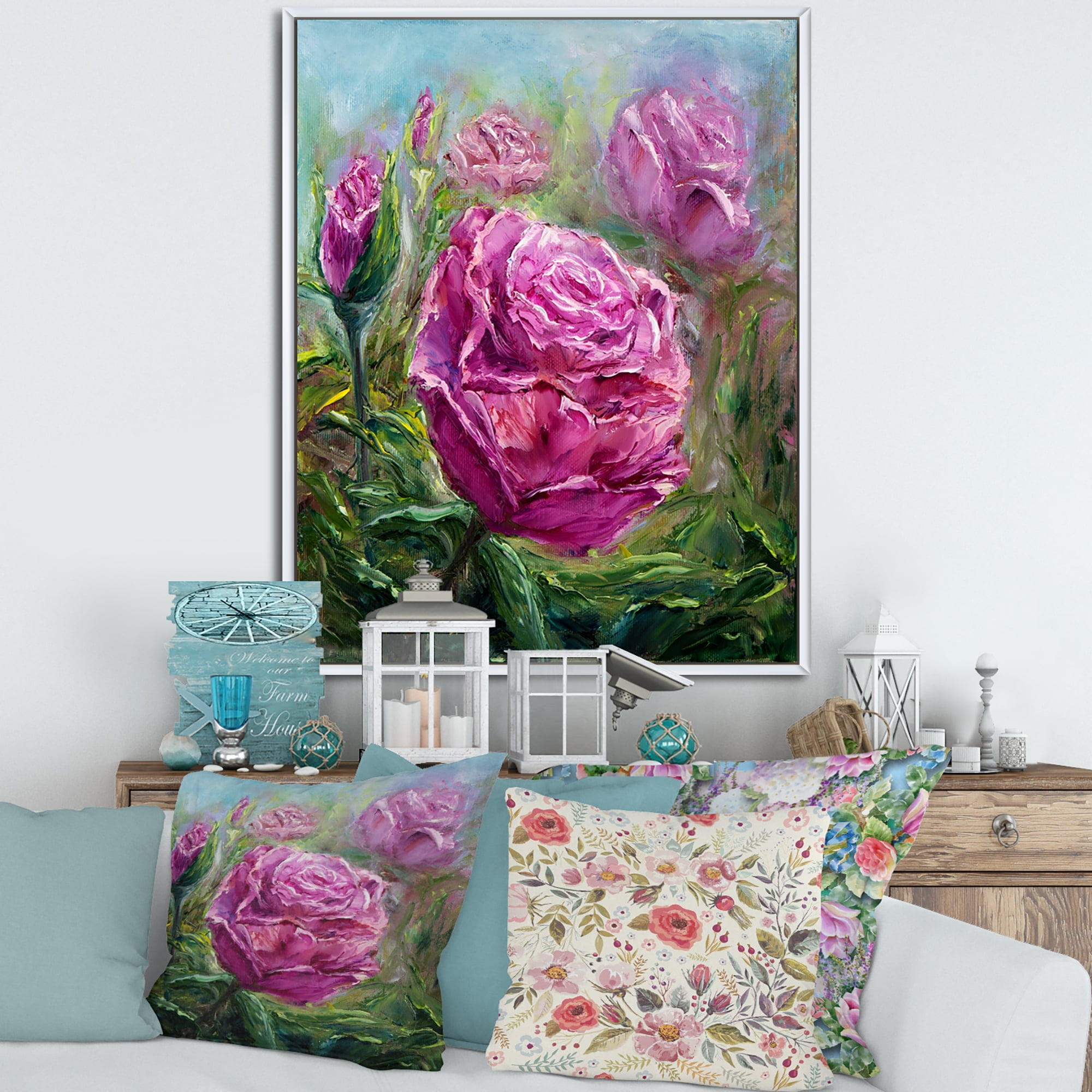 Abstract Pink Peonies 16 in x 32 in Framed Painting Canvas Art Print, by Designart