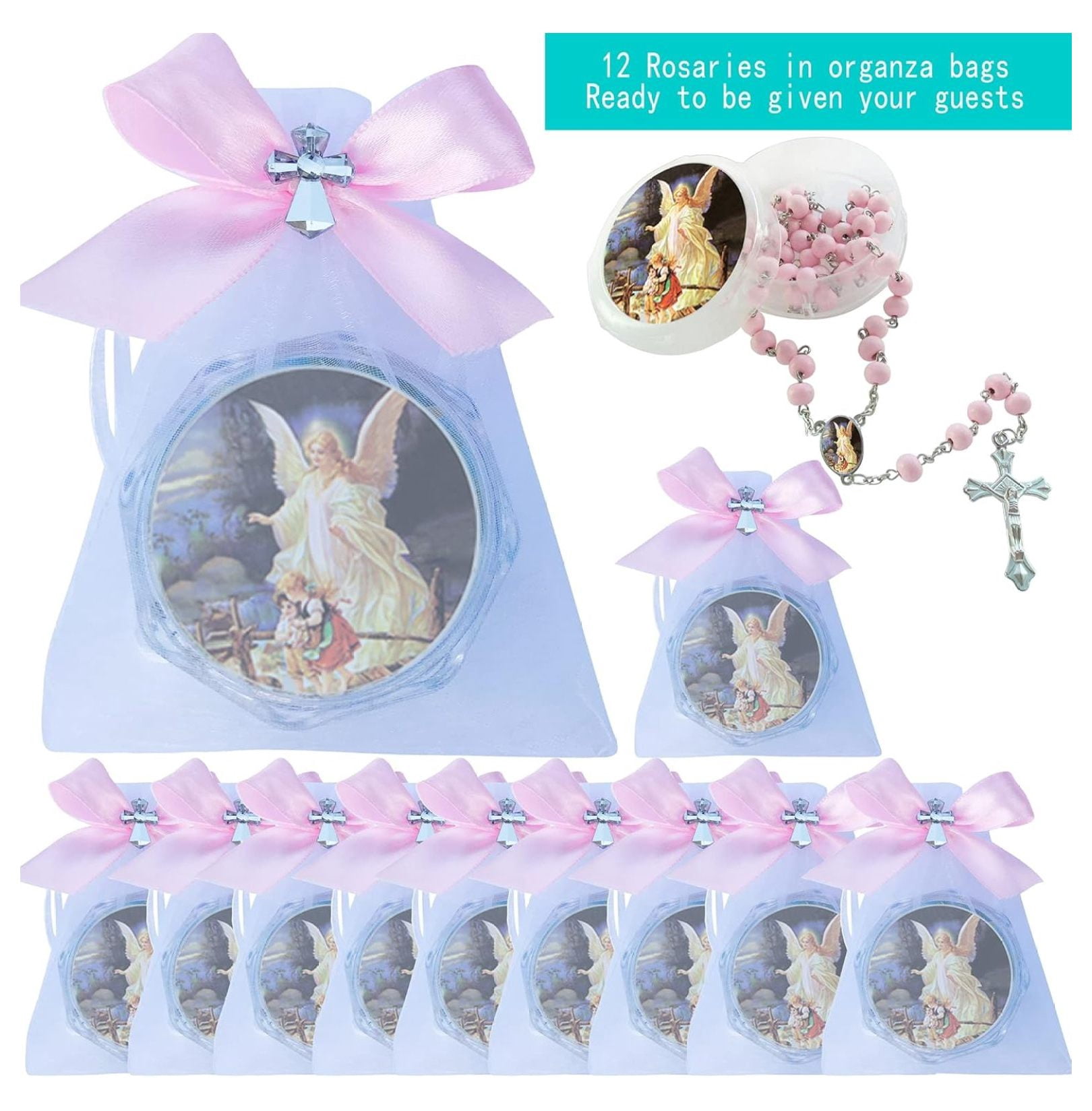 First Communon Baptism Pink Scented Rosary Favor - 12 Angel Rosaries with individual Gift Box and Decorated Pouches