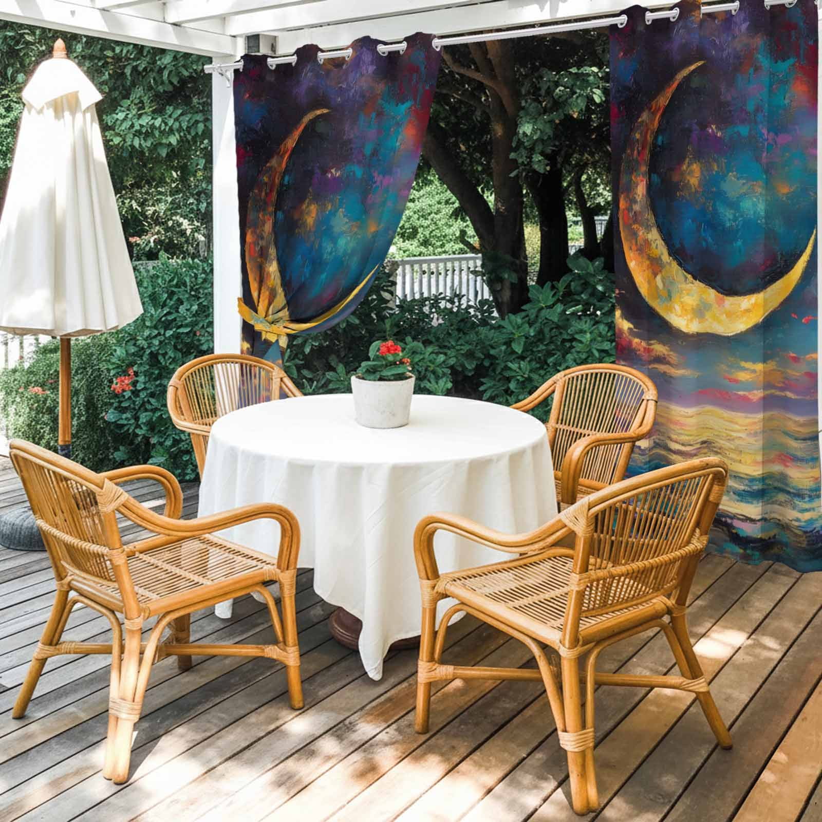 Crescent Moon Outdoor Curtains for Patio, Dreamy Gold Dark Purple Night Ocean Sunshade Privacy Drapes Grommet Waterproof Outside Curtains for Porch/Cabana/Balcony 54"x 108", 1 Panel
