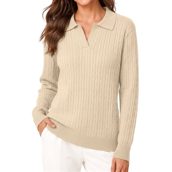 Sundazz Womens Cable Knit Sweaters Long Sleeve V Neck Pullover Fall Winter Sweater Tops Casual Polo Shirts