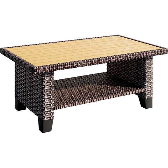 JORVIMAX Rattaner Outdoor Wicker Coffee Table, Square Side Table with Wood-Like Tabletop, Brown