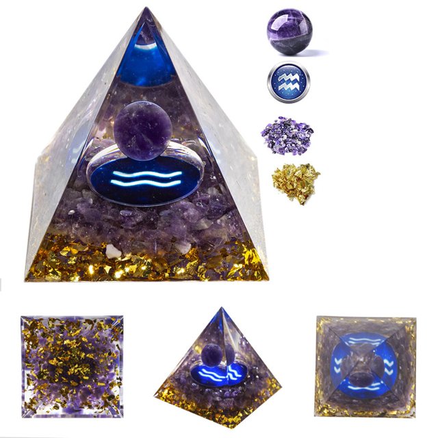 Pyramid for Positive Energy, 1.96 Inch Amethyst Crystal Ball Handmade Pyramid, Protection Crystals Energy Generator for Stress Reduce Healing Meditation Attract Wealth Lucky