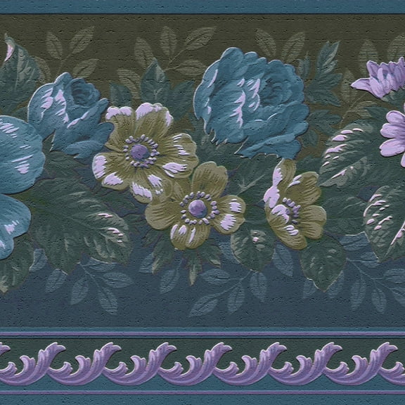 Dundee Deco's Peel and Stick Wallpaper Border - Vintage Blue Purple Flowers on Vines Wall Border Retro Design, 15 ft x 7 in, Self Adhesive