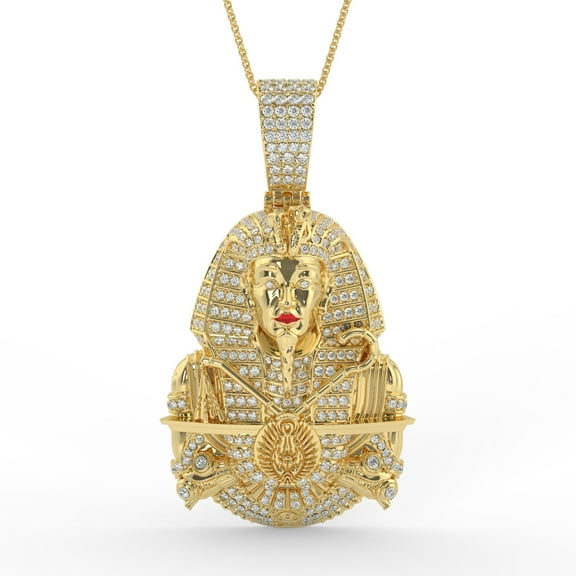 Real Genuine 2.00 Cwt Natural Moissanite Diamond Iced Out Ancient Egyptian Pharaoh King Tutankhamun 14K Gold Finish Pendant Charm