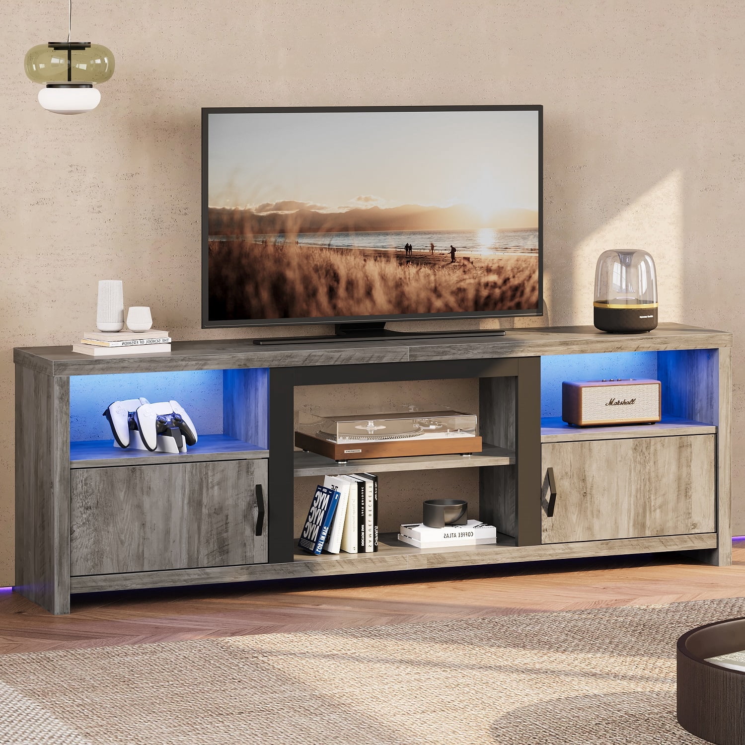 Bestier 70" Farmhouse TV Stand for TVs up to 80" with LED Lights, Entertainment Center with Cabinet & Open Shelves in Wash Grey