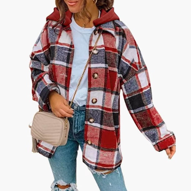 Pntutb Abrigo largo de lana a cuadros con botones sueltos a cuadros de manga larga a la moda para mujer Pntutb Pntutb-6683