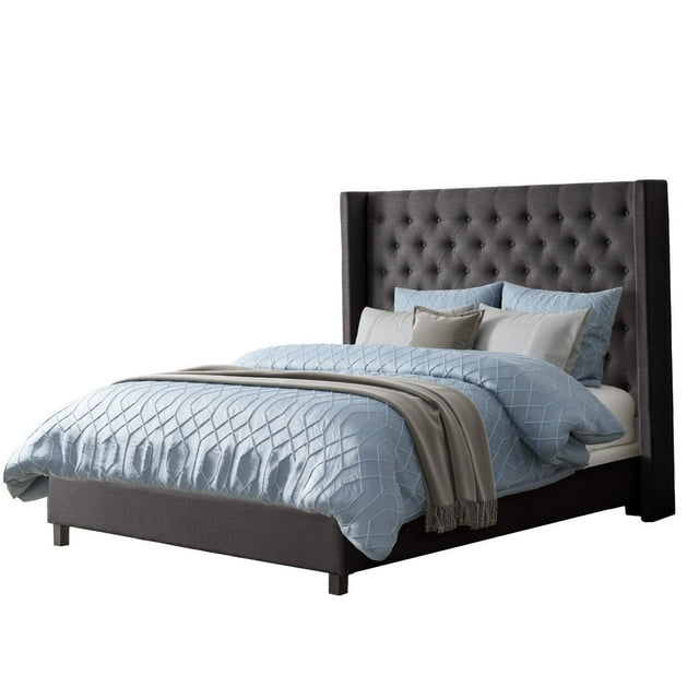 CorLiving Fairfield Upholstered Adult Queen Bed Frame with Tufted and Winged Headboard - Box Spring Required